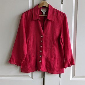 Talbots Irish Linen Jacket Shirt Size 12 Pink 3/4 Ruffle Sleeve Button Front Top
